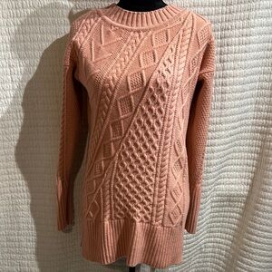 J Crew Patchwork Cable Knit Tunic Sweater Pink Wool Blend Pullover MSRP $128